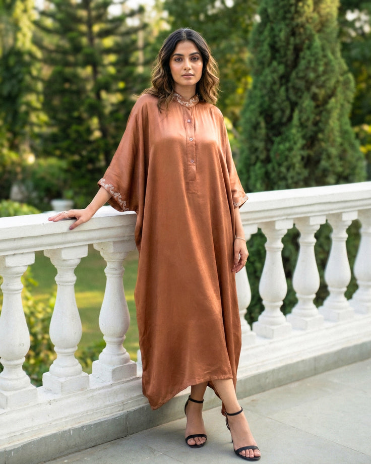 French Beige Real Silver Band Collar Mashru Kaftan