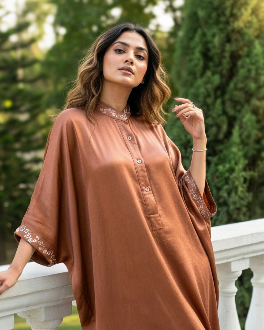 French Beige Real Silver Band Collar Mashru Kaftan