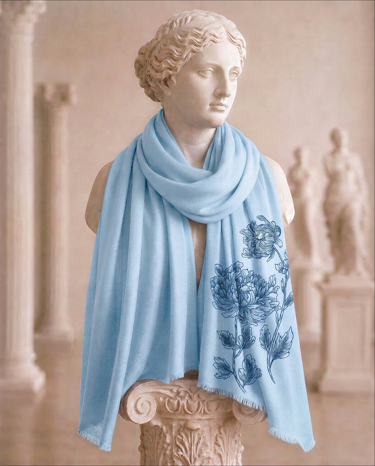 Sky Blue Fine Wool Handpainted Scarf