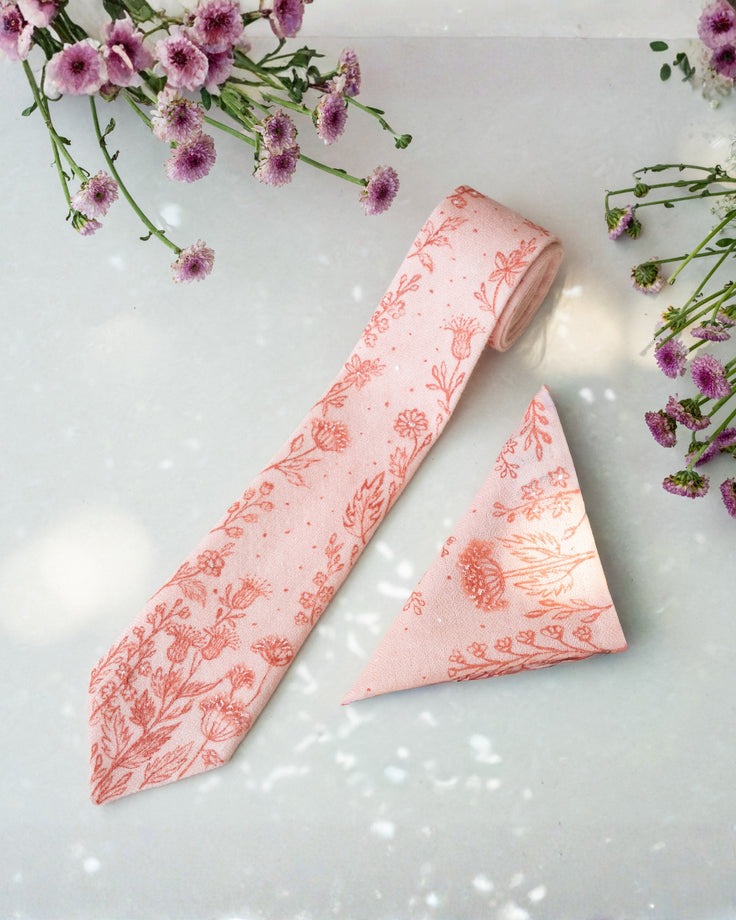 Peach Hand-Painted Pure Pashmina Tie & Pocket Square Set