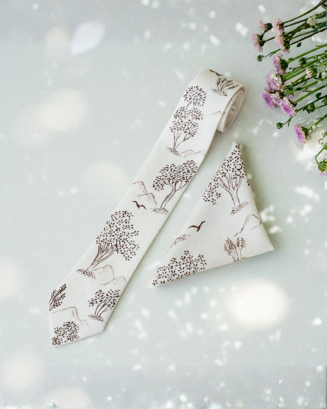 Ivory Hand-Painted Pure Pashmina Tie & Pocket Square Set