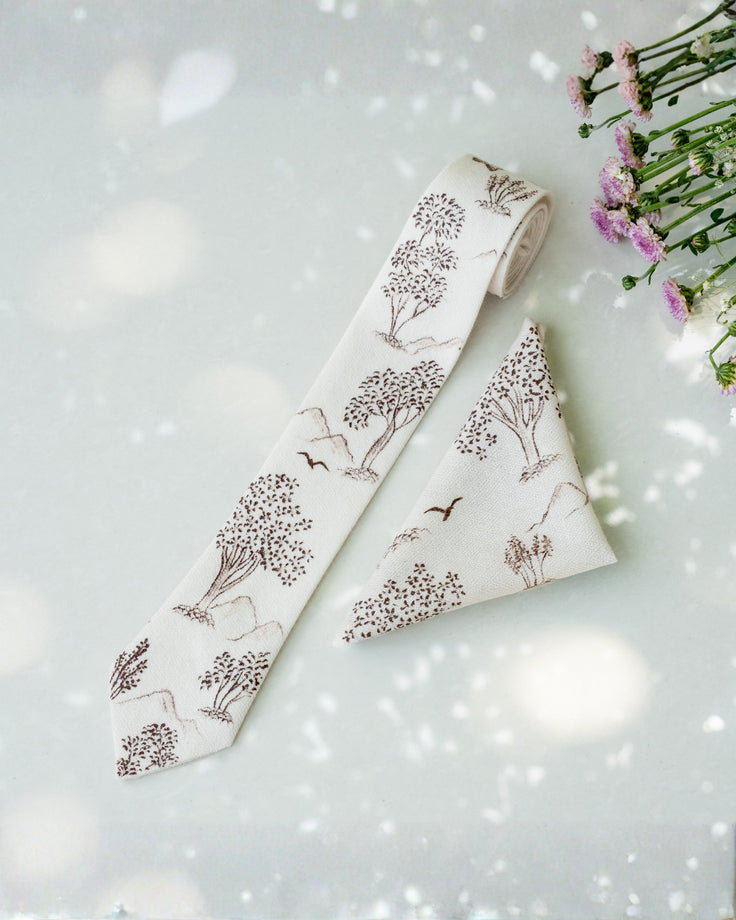 Ivory Hand-Painted Pure Pashmina Tie & Pocket Square Set