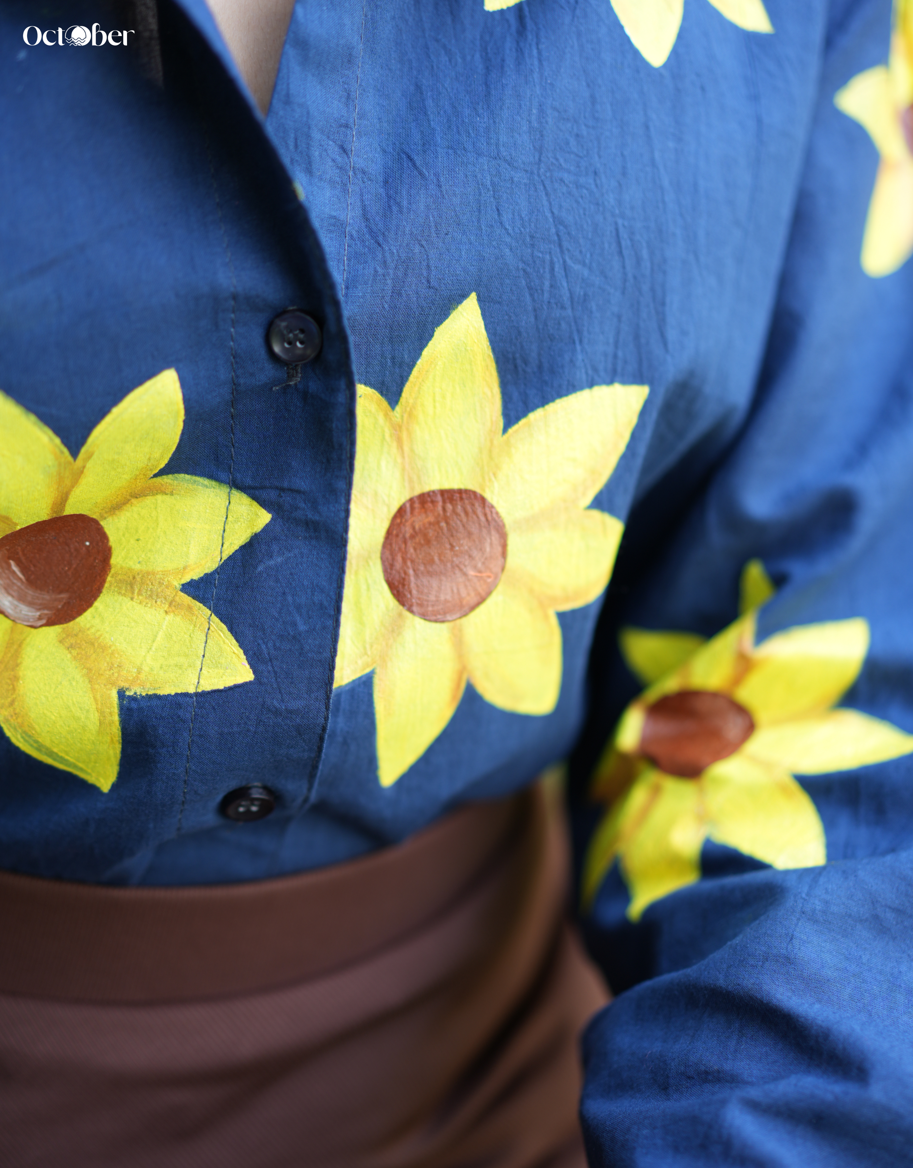 Deep Sea Cotton Shirt with Handpainted Sunflowers