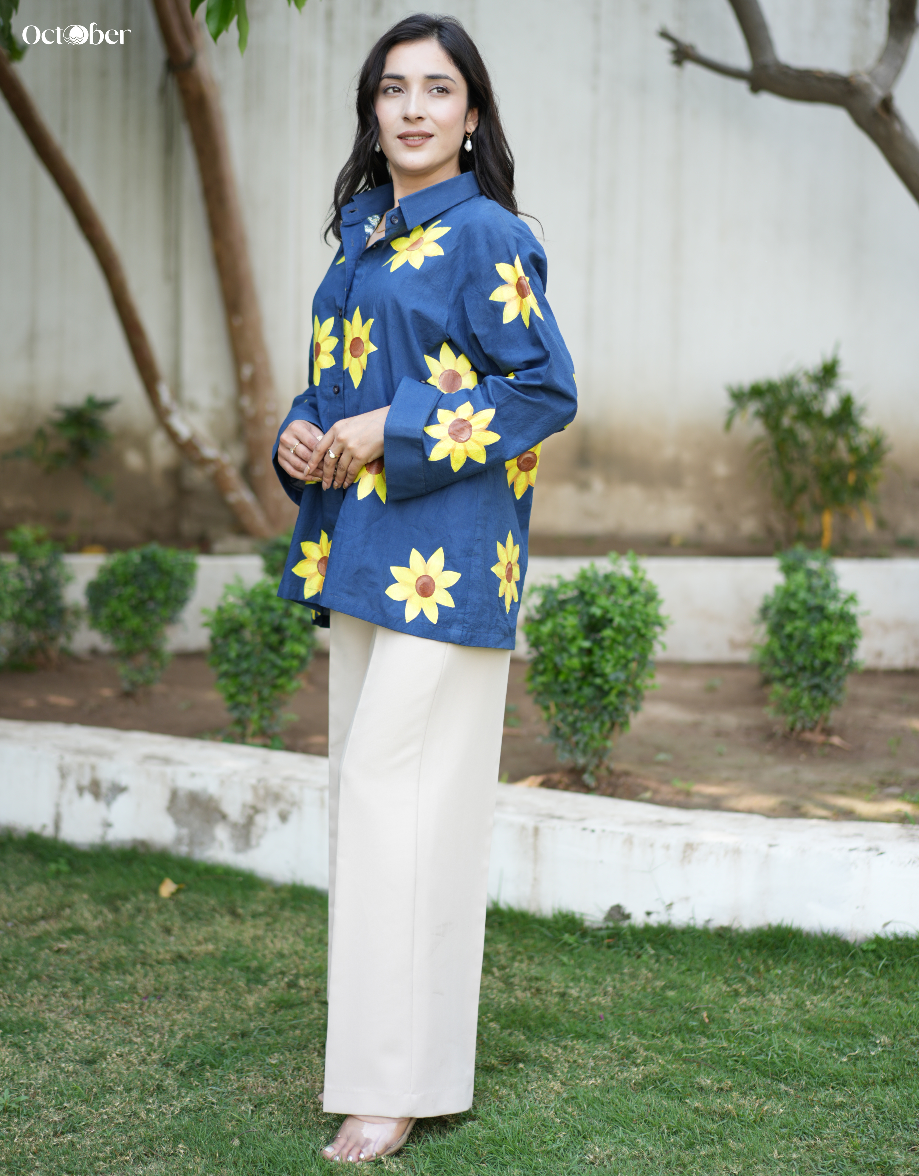 Deep Sea Cotton Shirt with Handpainted Sunflowers