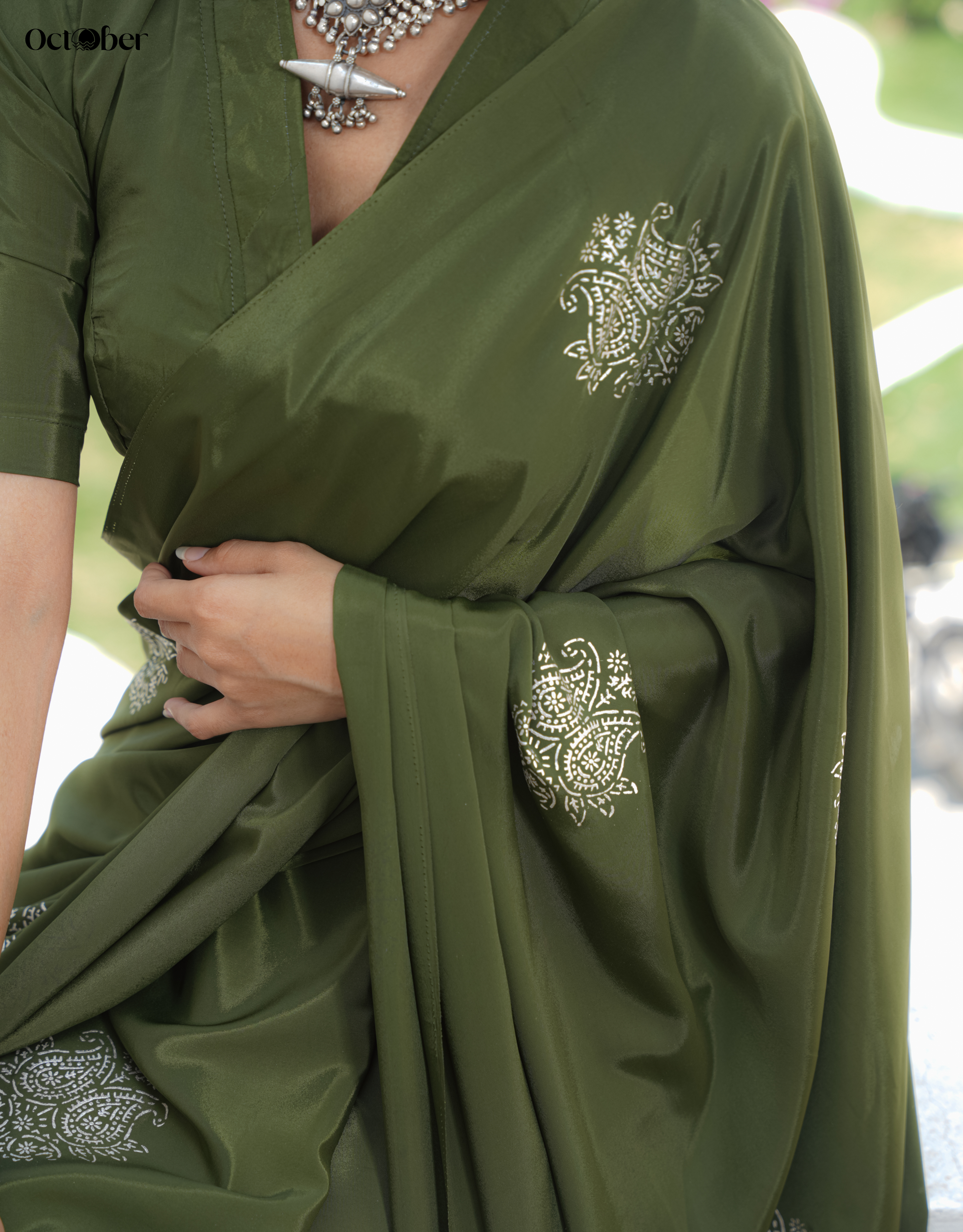 Sage Real Silver Saree in Organic Crepe