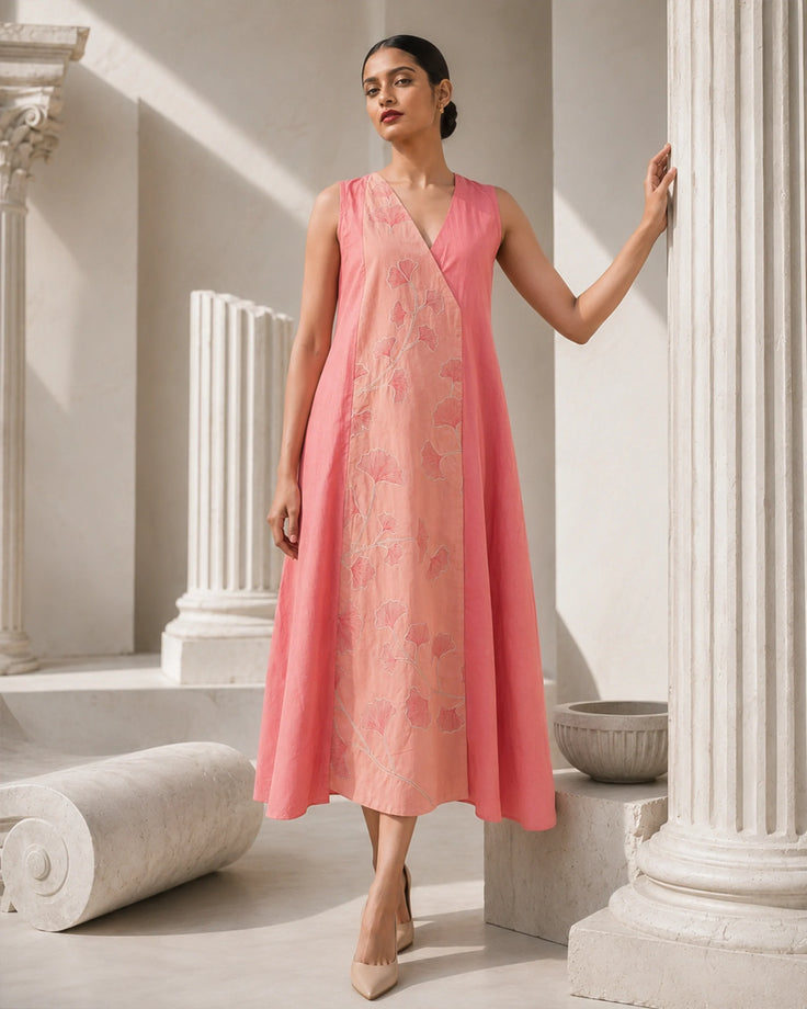 Blush Embroidered & Handpainted Anghrakha Cotton Dress