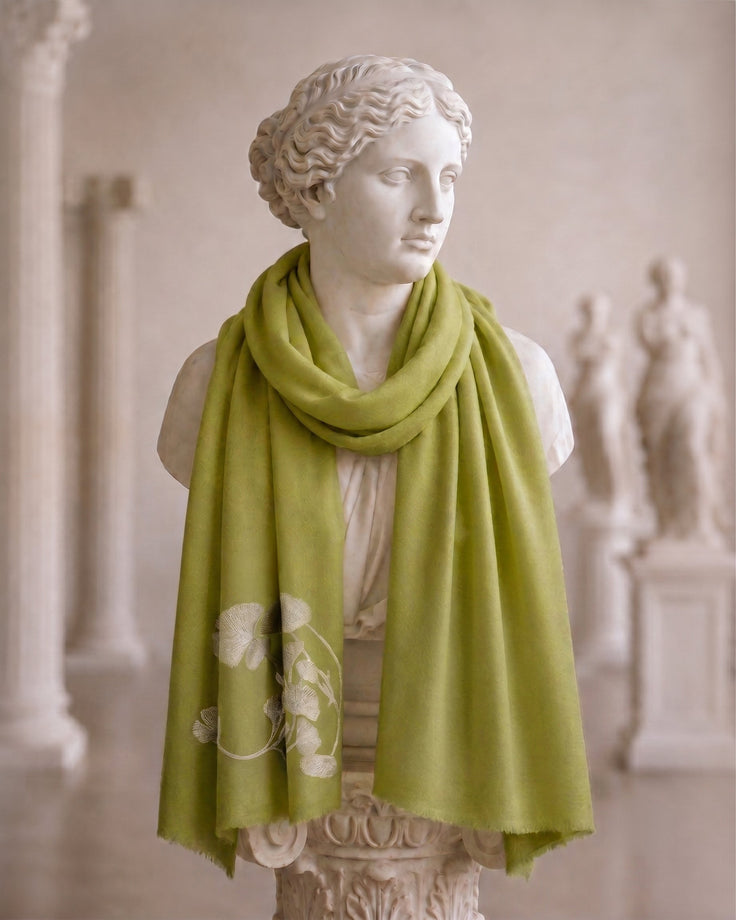 Sea Weed Sage Green Fine Wool Embroidered Scarf