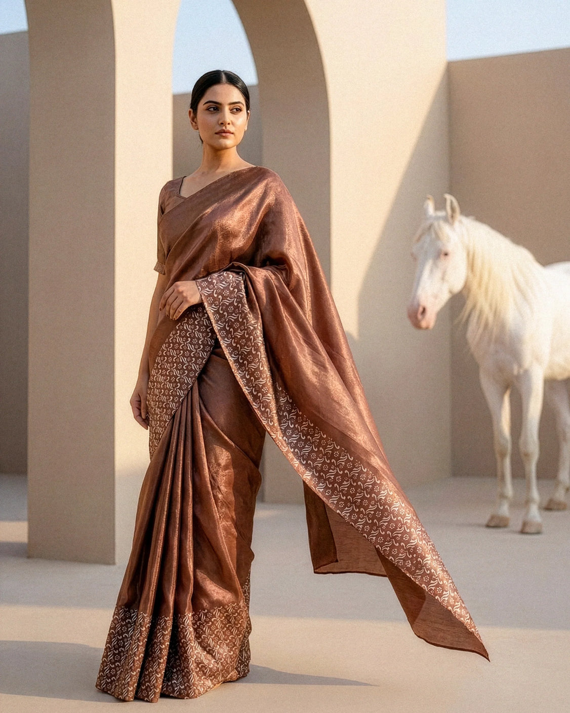 Cinnamon Real Silver Saree in Tissue Silk