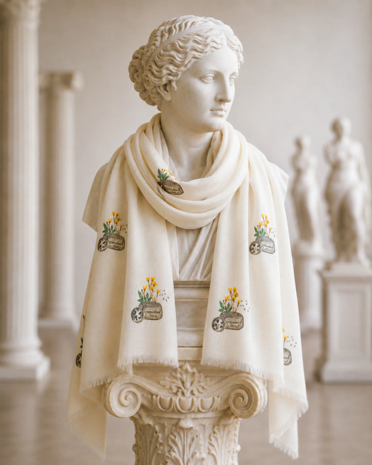 Off White Pure Pashmina Radio Hand Painted Scarf