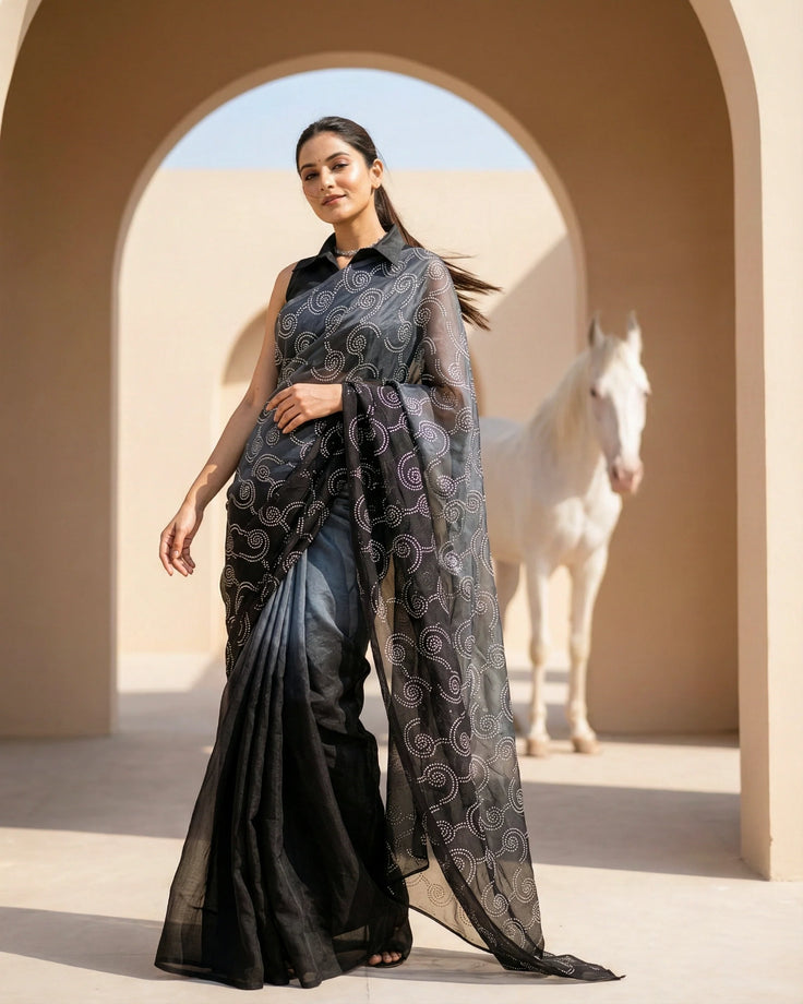 Smoke Clouds Real Silver Organza Saree