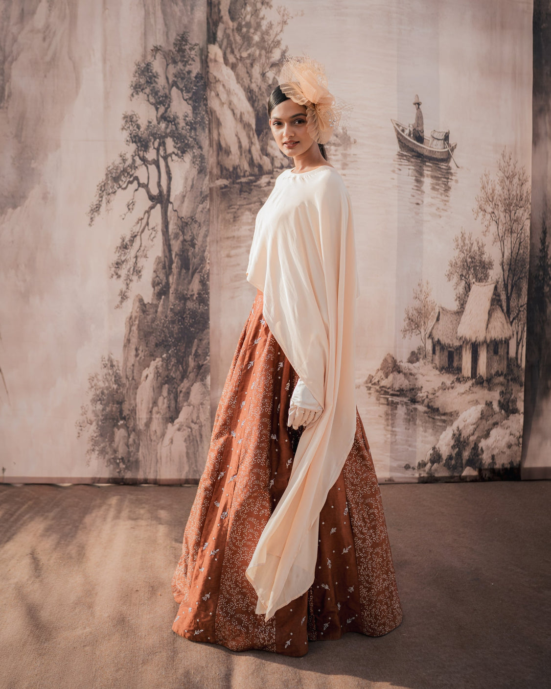 Chocolate Beige Real Silver Printed & Embroidered Skirt & Cape