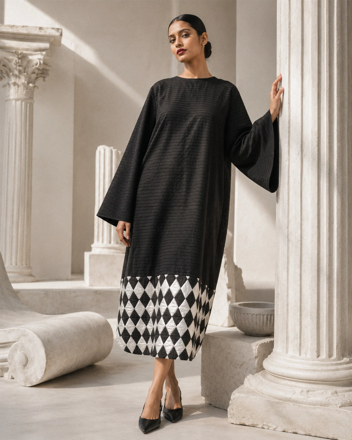 Charcoal Black Embroidered & Real Silver Printed Cotton Dress