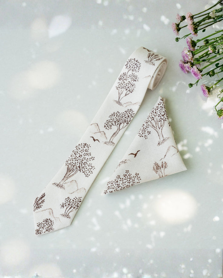 Ivory Hand-Painted Pure Pashmina Tie & Pocket Square Set