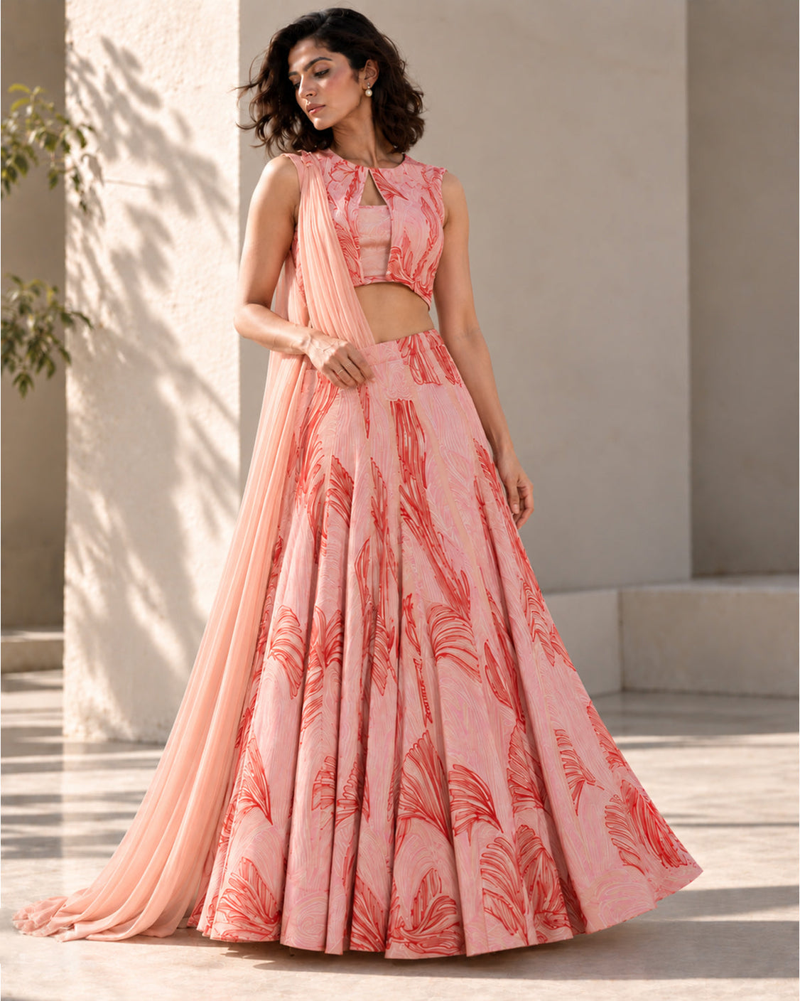 Peachy Embroidery & Handpainted Lehenga Saree Set