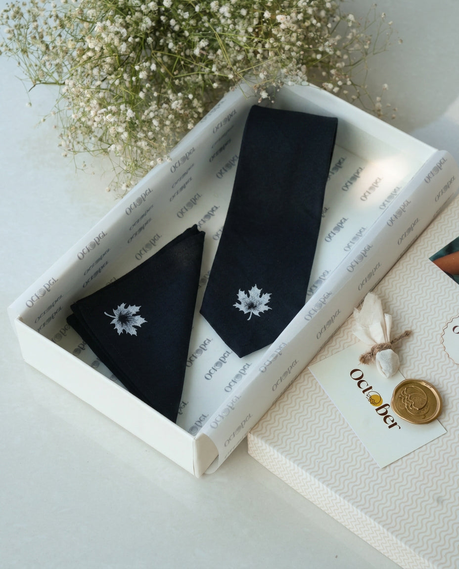 Black Hand-painted Cotton Pashmina Tie & Pocket Square Set