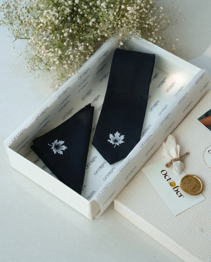 Black Hand-painted Cotton Pashmina Tie & Pocket Square Set