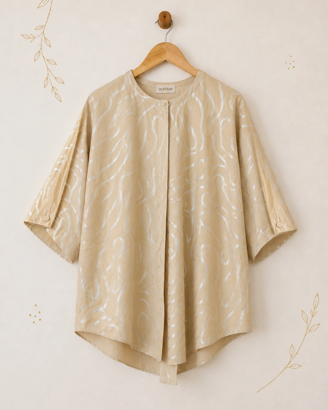 Beige Abstract Wave Silver Printed Cotton Shirt