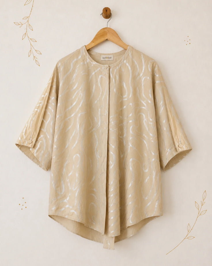 Beige Abstract Wave Silver Printed Cotton Shirt