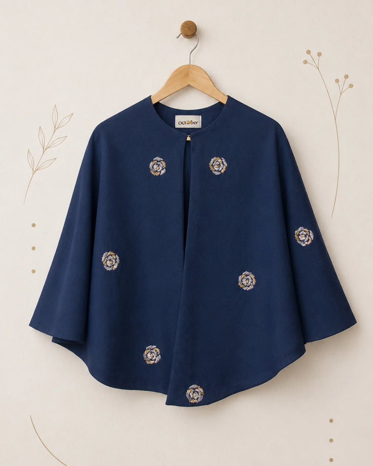 Indigo Embroidered Silk Cape