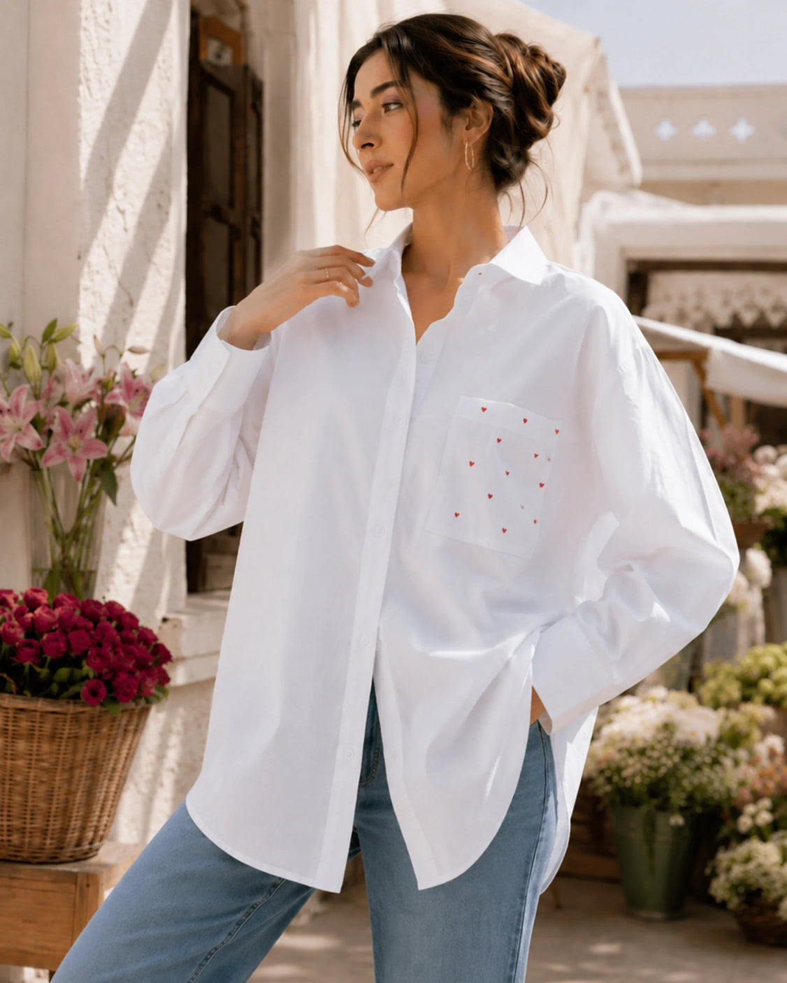 Cloud White Heart Pocket Handpainted Oversized Shirt