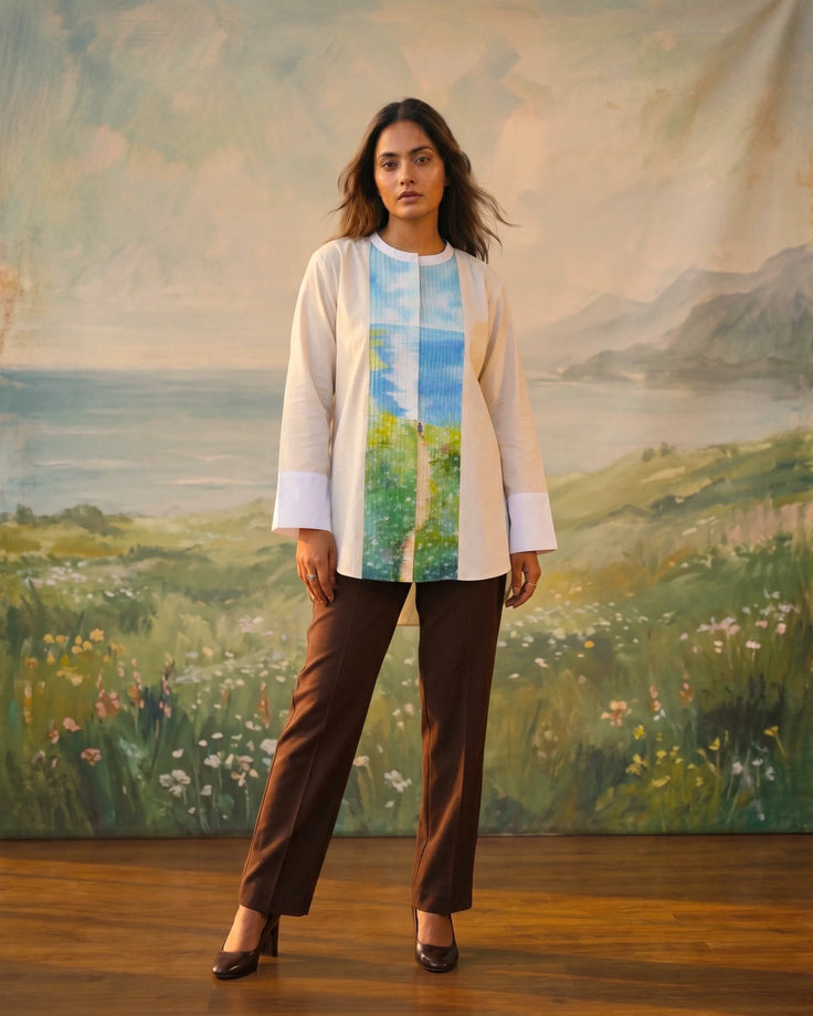 Beige Scenic Handpainted Pin tucks Cotton Shirt