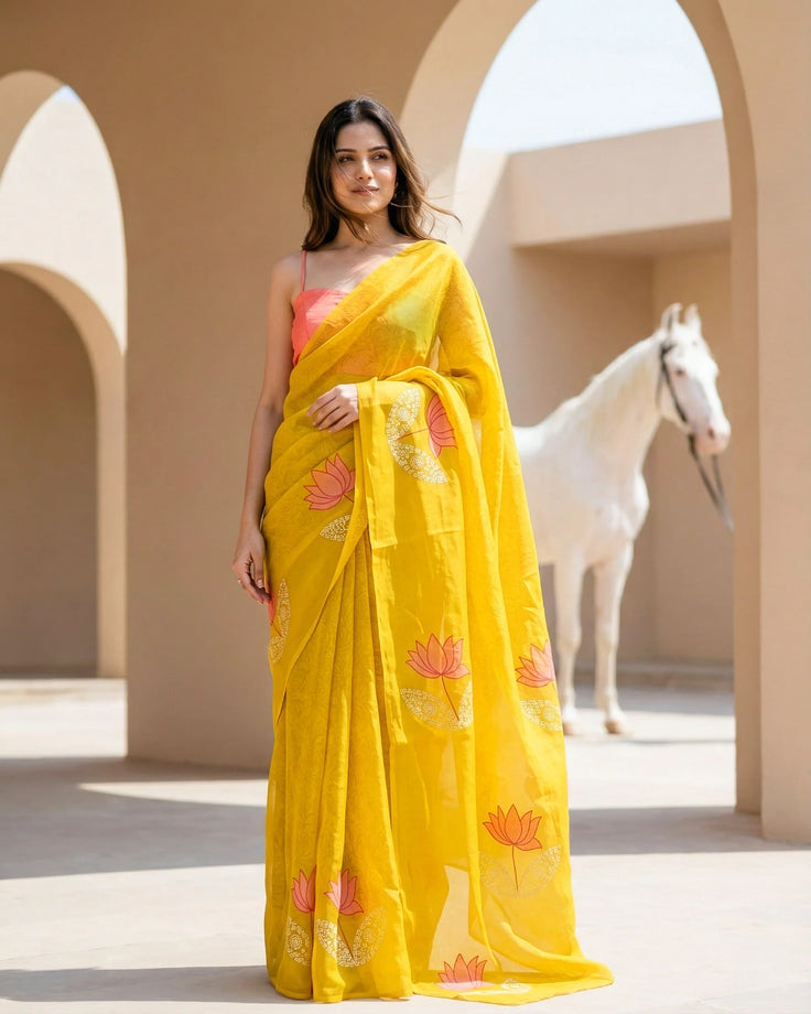 Honey Lotus Real Silver Organza Saree