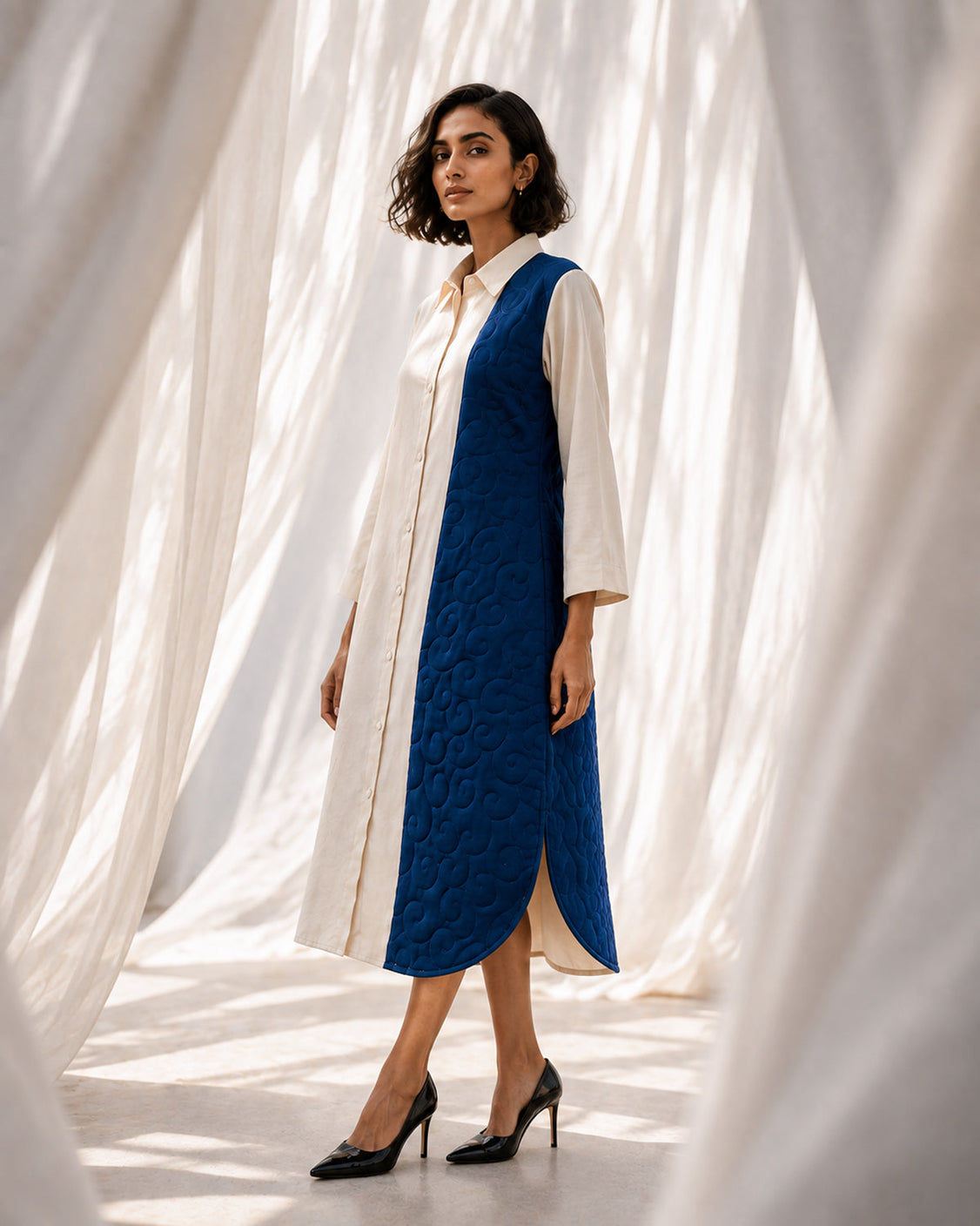 The Blue Path - Ivory & Deep Blue Pashmina Dress