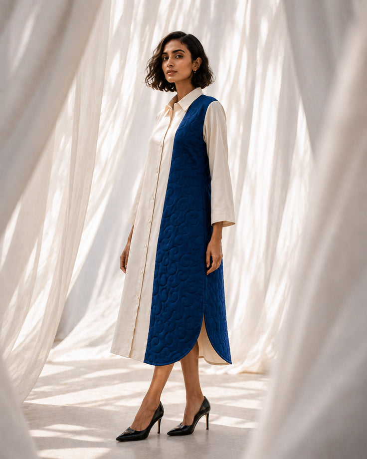 The Blue Path - Ivory & Deep Blue Pashmina Dress