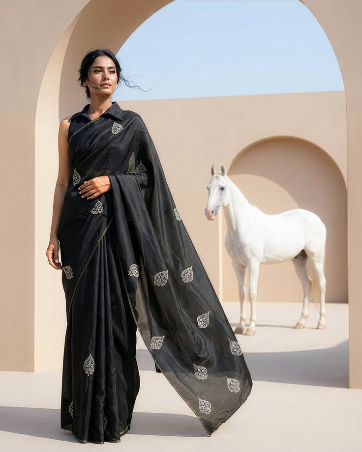 Smoky Real Silver Printed Saree in Silk