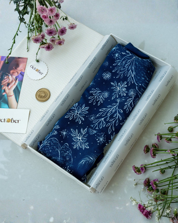 Midnight Blue Hand-Painted Chanderi Silk Scarf