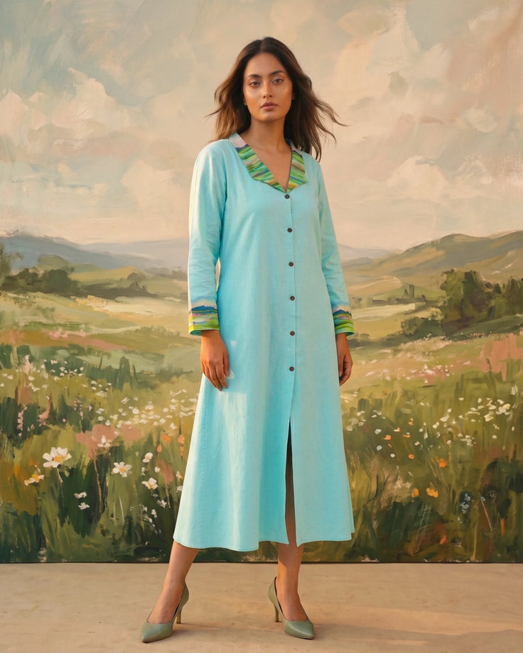 Aqua Handpainted Cotton Collar Dress