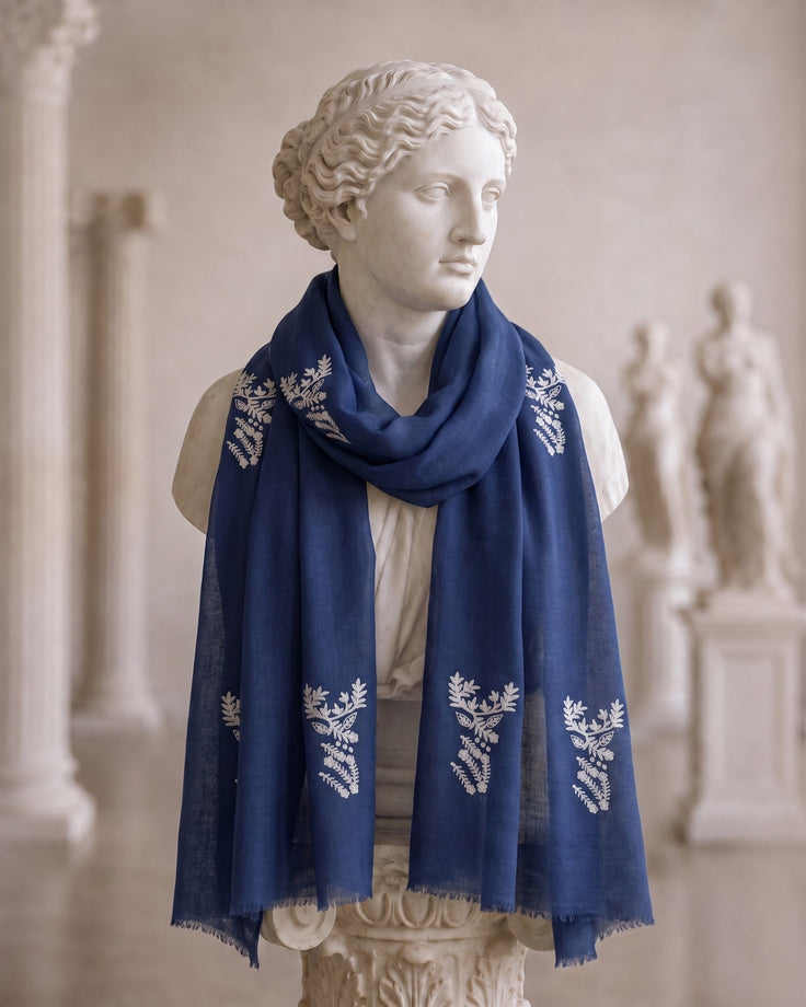 Deer-Head in Thread Embroidered Navy Blue Fine Wool Scarf