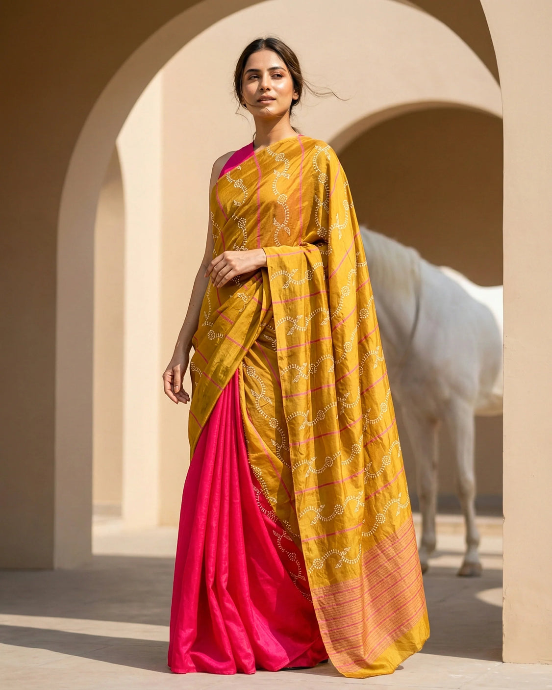 Honey Fuchsia Real Silver Block Print Silk Saree