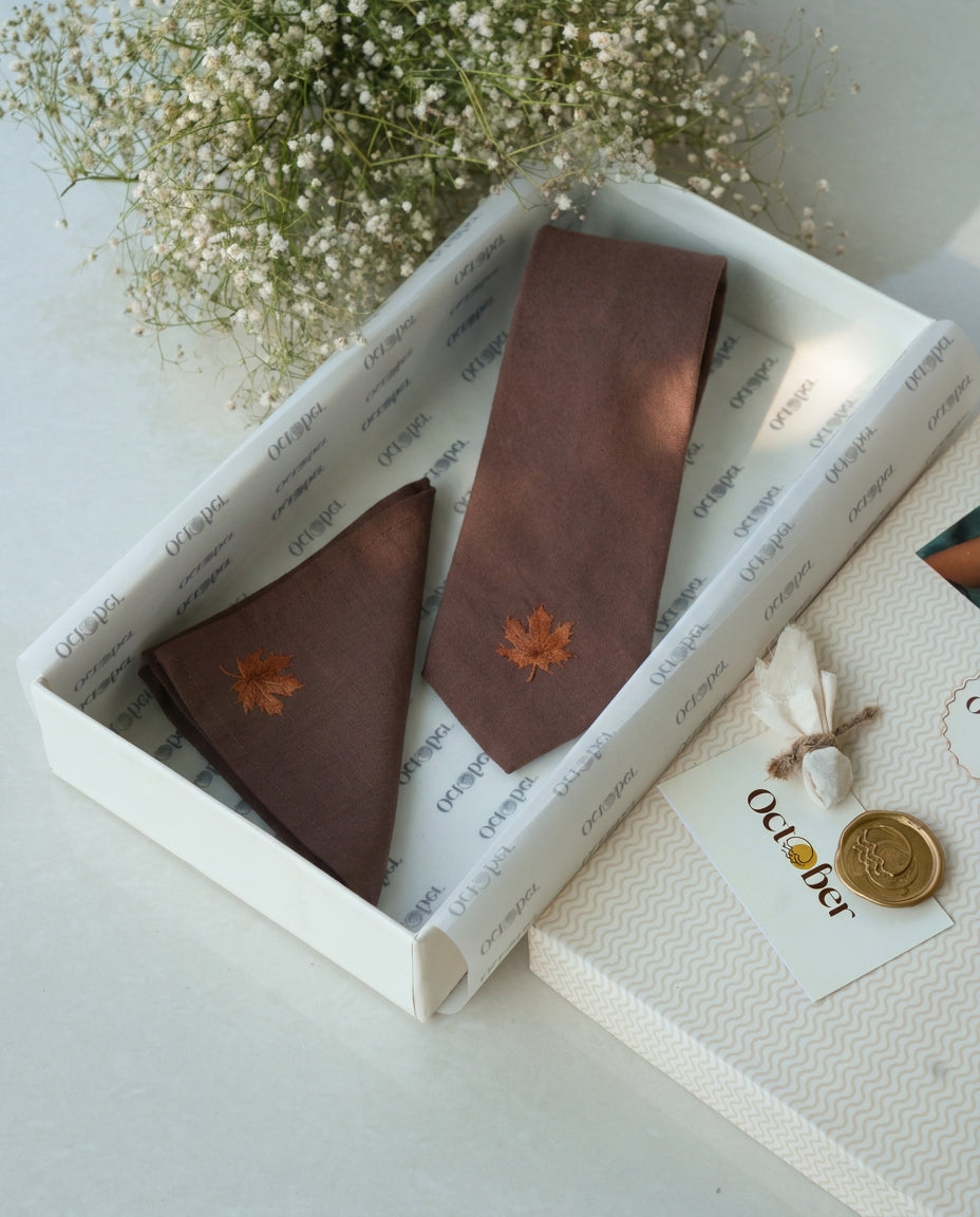 Brown Hand-painted Cotton Pashmina Tie & Pocket Square Set