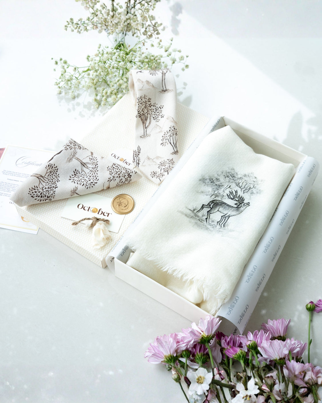 Off White Pure Pashmina Hand-Painted Scarf - Reining Rein Deer & Ivory Hand-Painted Pure Pashmina Tie & Pocket Square Set