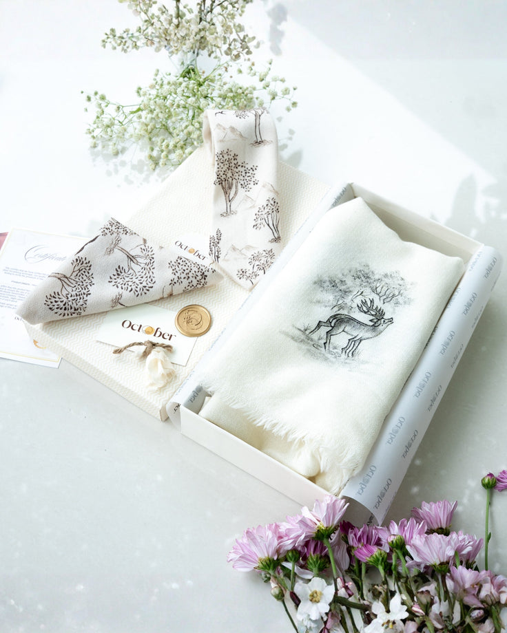 Off White Pure Pashmina Hand-Painted Scarf - Reining Rein Deer & Ivory Hand-Painted Pure Pashmina Tie & Pocket Square Set