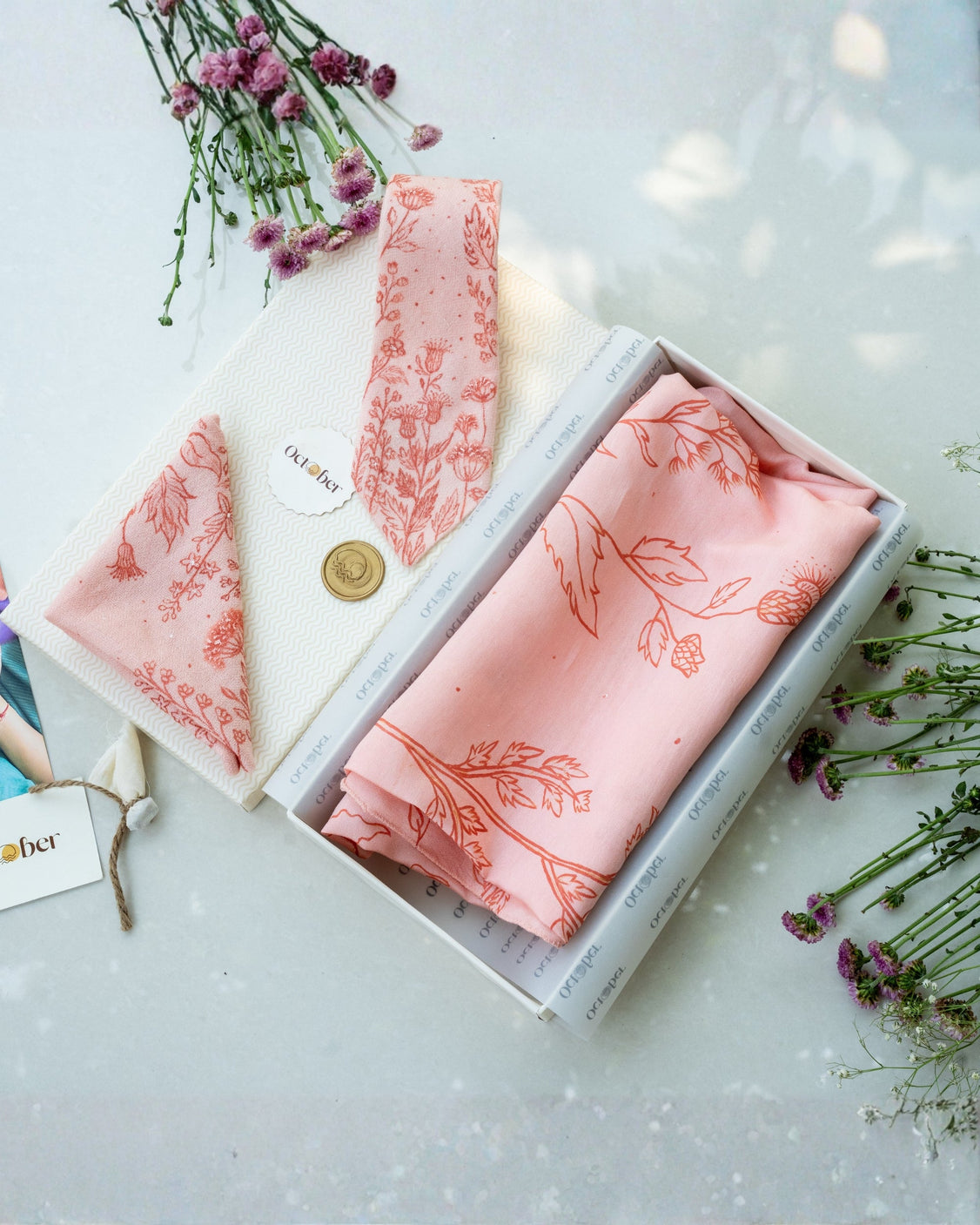 Peach Hand-Painted Chanderi Silk Scarf & Pure Pashmina Tie & Pocket Square Gift Set