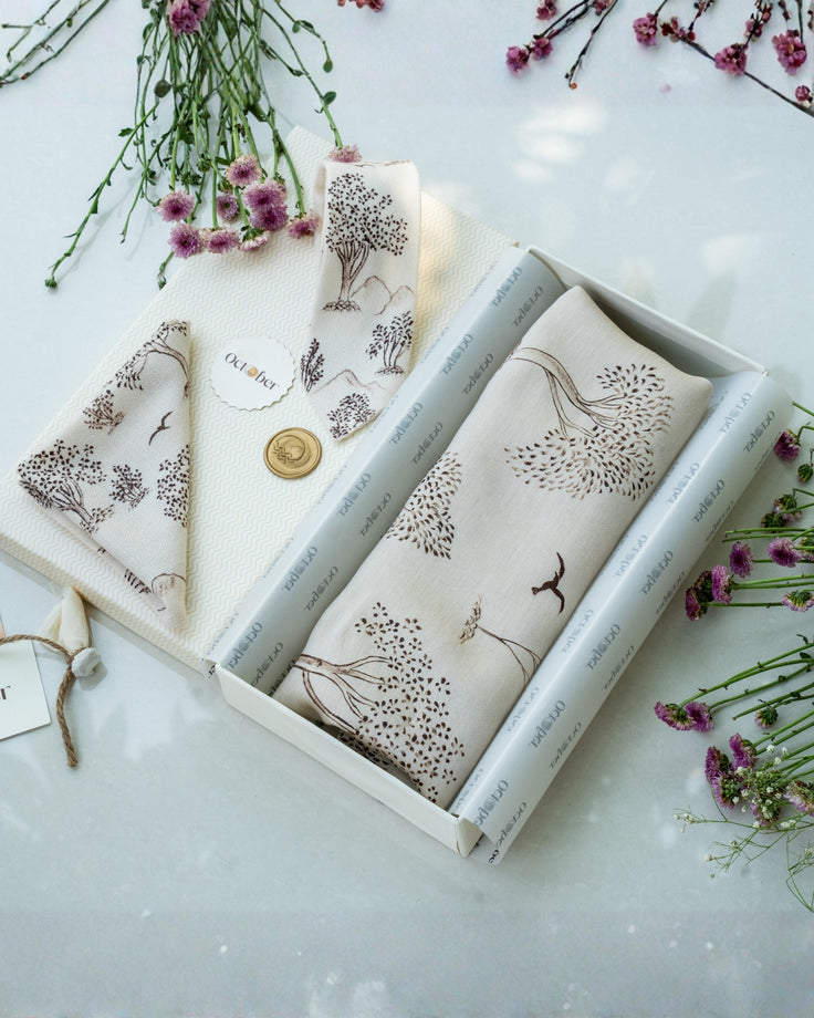 Ivory Hand-Painted Chanderi Silk Scarf & Pure Pashmina Tie & Pocket Square Gift Set