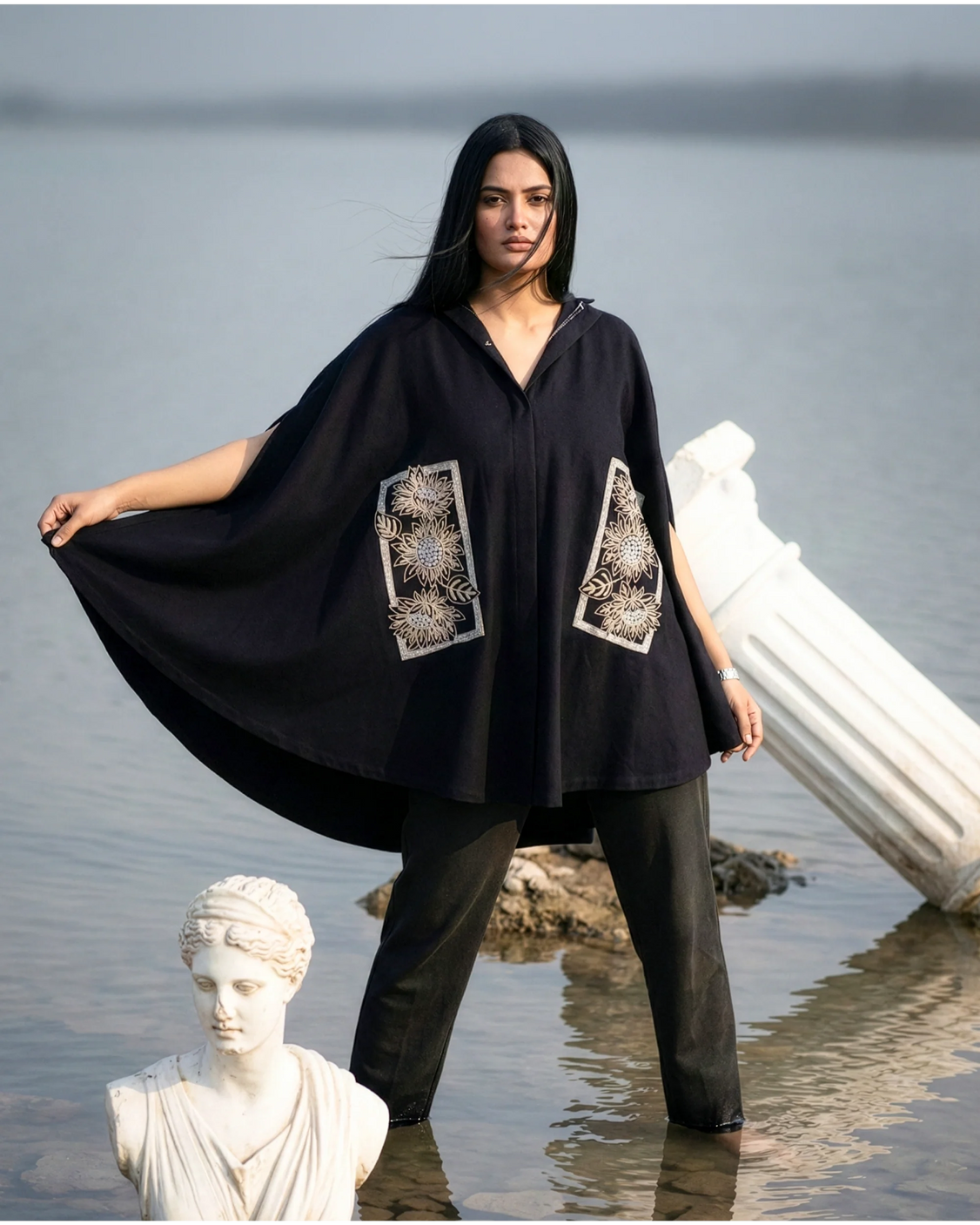 Midnight Harvest Sunflower Embroidered Cape