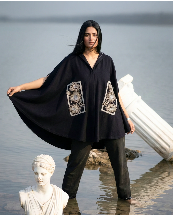 Midnight Harvest Sunflower Embroidered Cape
