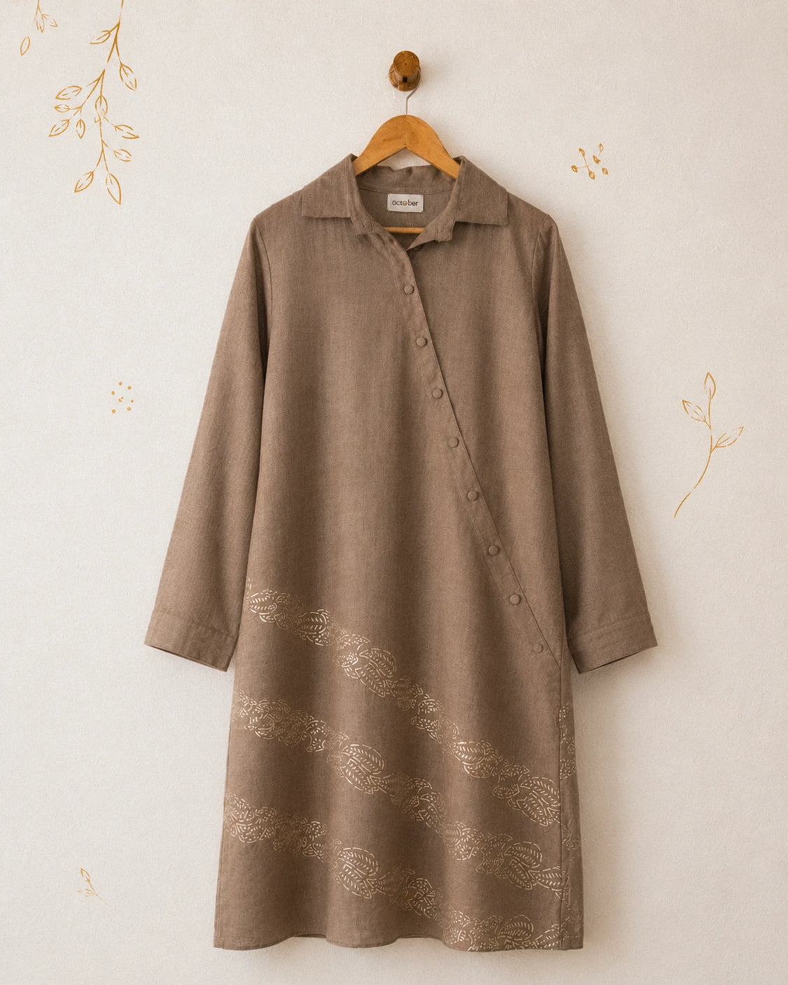 Brown Real Silver Printed Fine Wool Dress