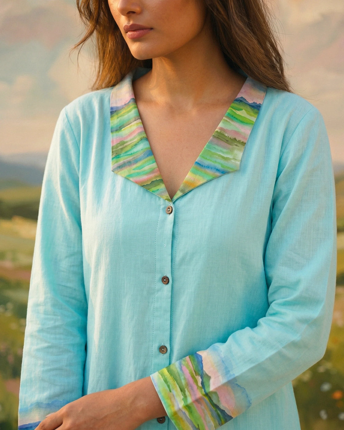 Aqua Handpainted Cotton Collar Dress