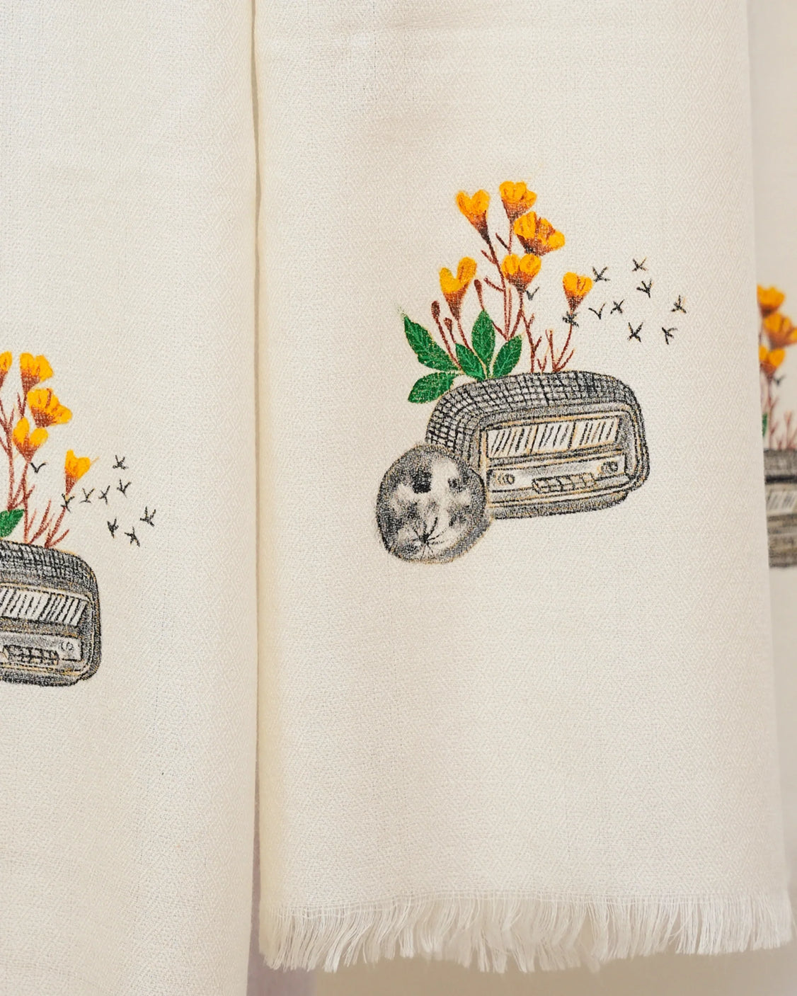 Off White Pure Pashmina Radio Hand Painted Scarf