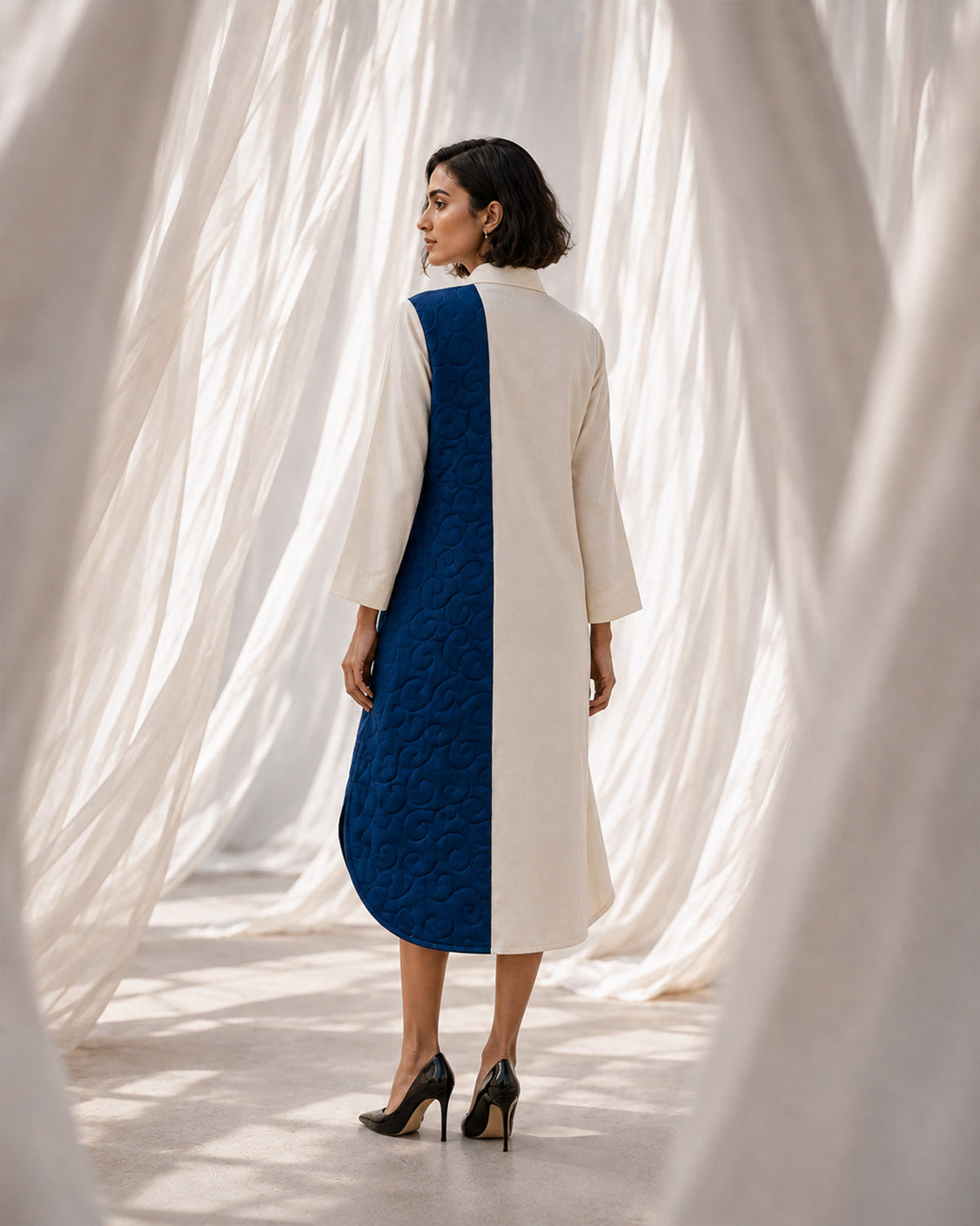 The Blue Path - Ivory & Deep Blue Pashmina Dress