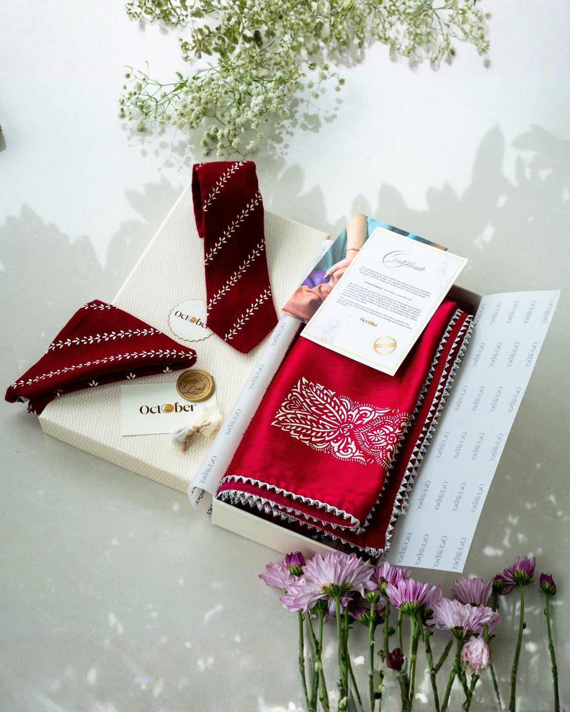 Maroon Real Silver Printed Duppata & Pure Pashmina Tie & Pocket Square Set
