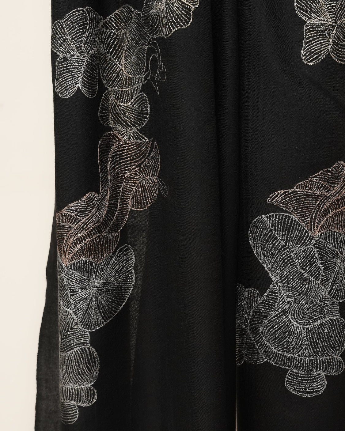Puff Tilla Black Embroidered Fine Wool Scarf