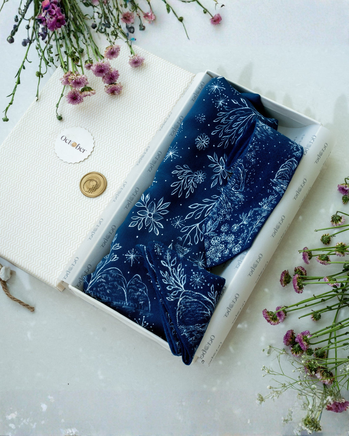 Blue Hand-Painted Chanderi Silk Scarf & Pure Pashmina Tie & Pocket Square Gift Set