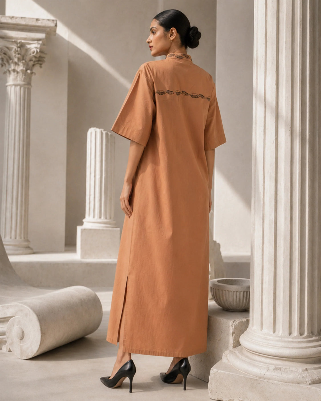 Coffee Caramel Handpainted Straight Cotton Dress