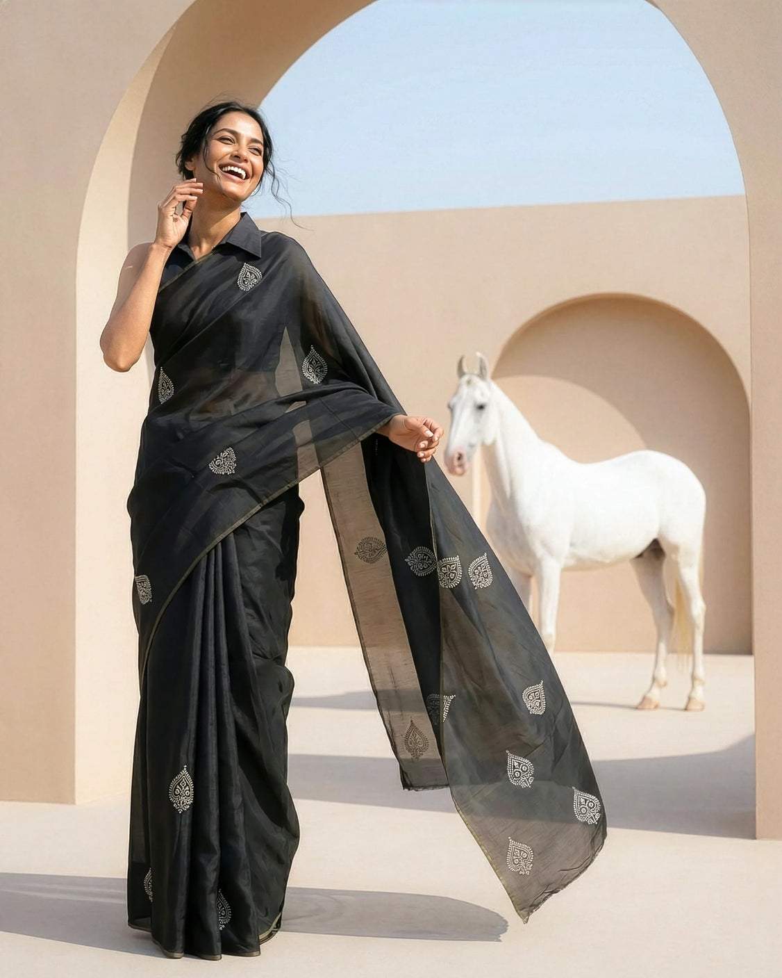 Smoky Real Silver Printed Saree in Silk