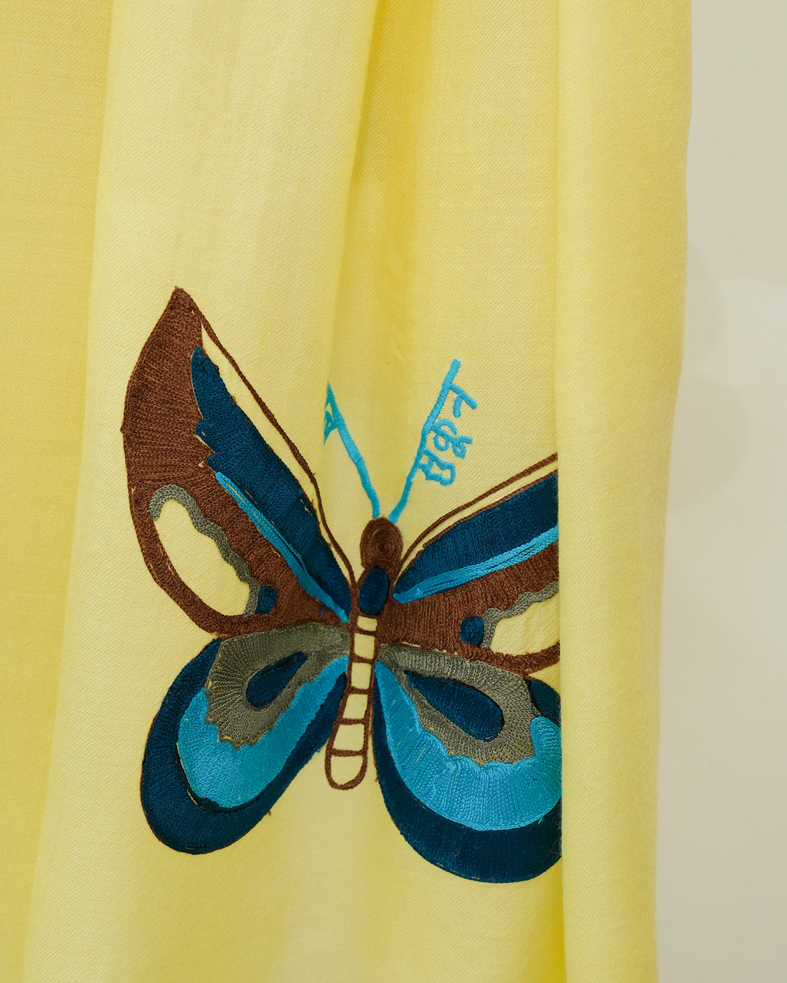Lemon Fine Wool Embroidered Scarf - Sabar, Sukoon, Butterflies